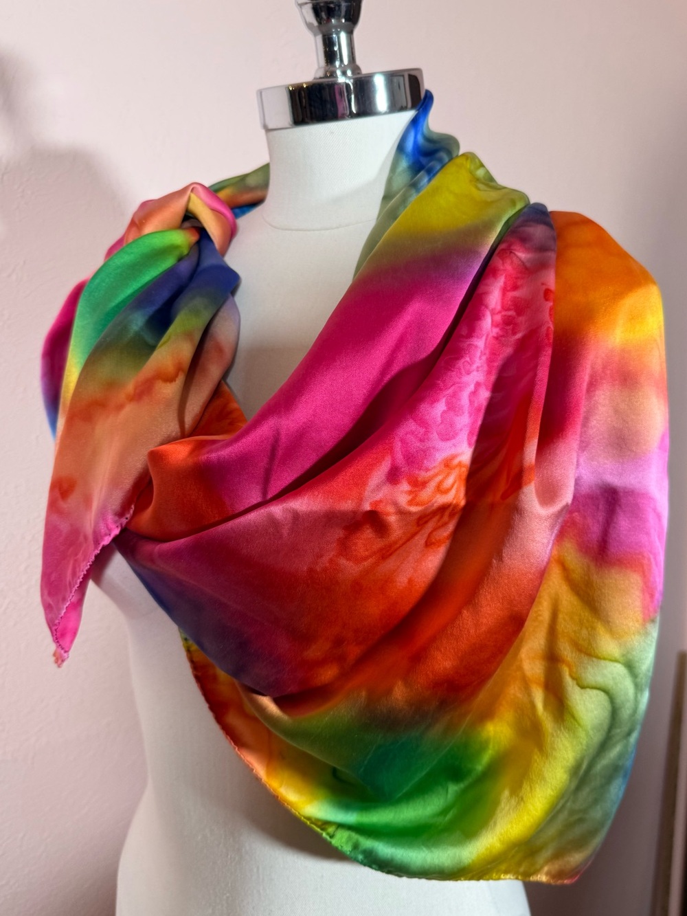 Vintage 1990 Hand made silk rainbow colorful Oversized Silk Scarf